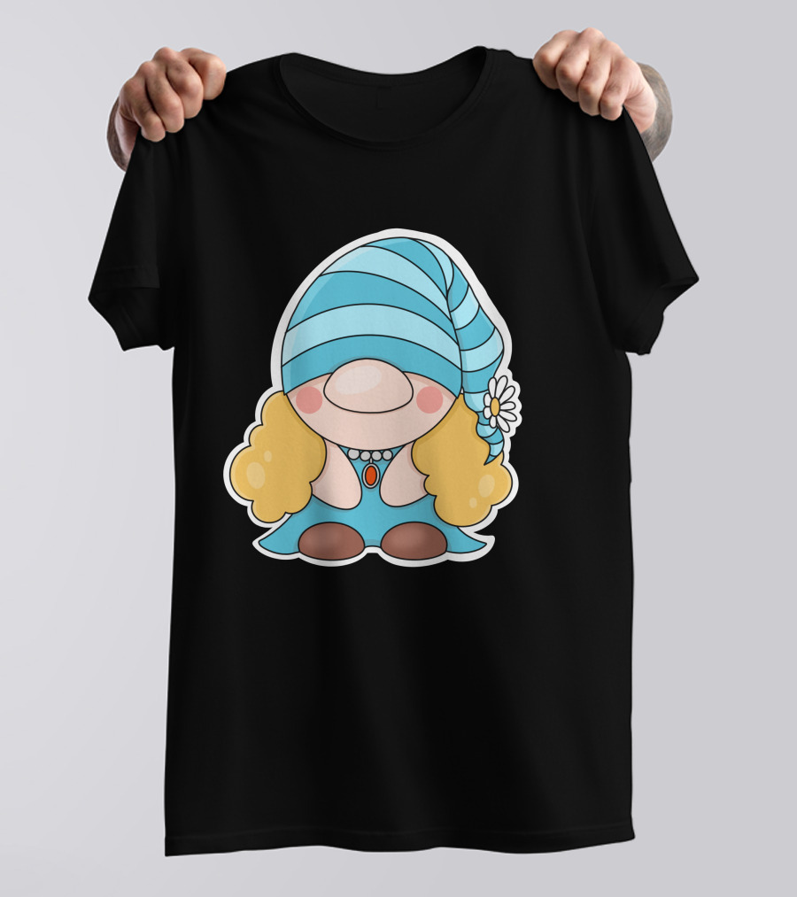 Gnome Sticker Blue Hat Daisy Blonde Hair Cute Comic T-Shirt