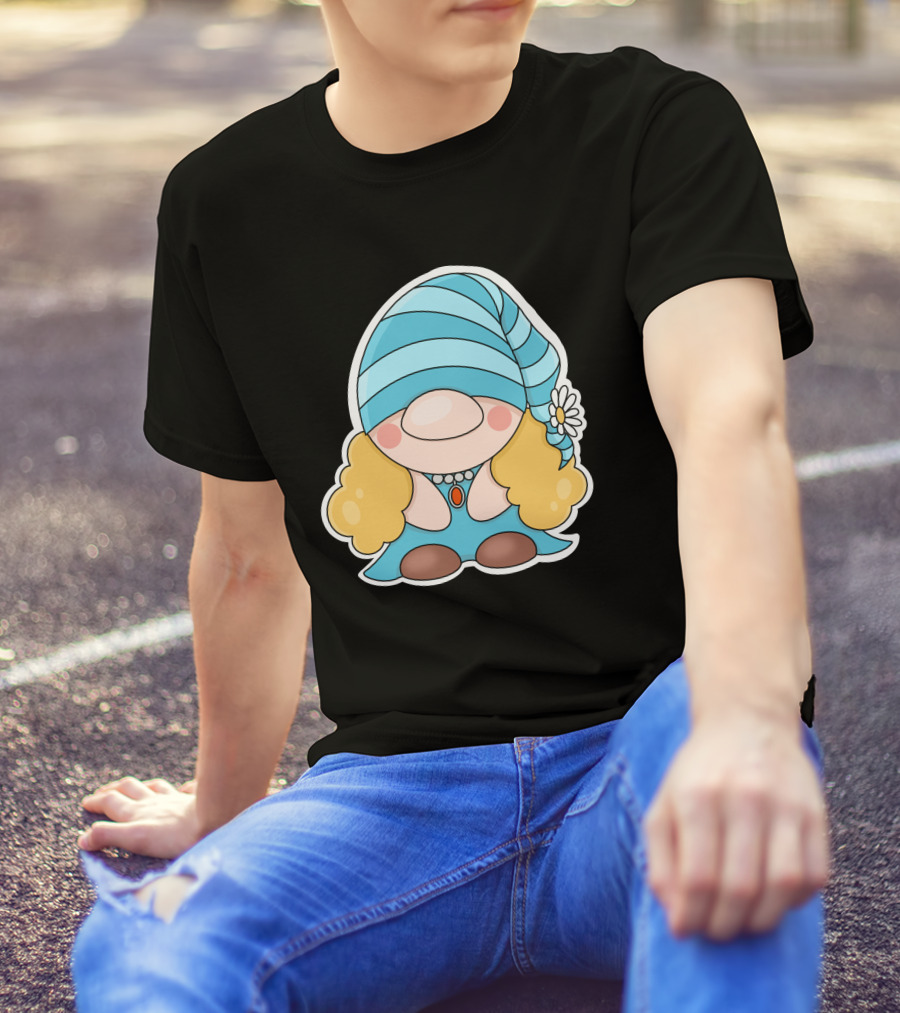 Gnome Sticker Blue Hat Daisy Blonde Hair Cute Comic T-Shirt