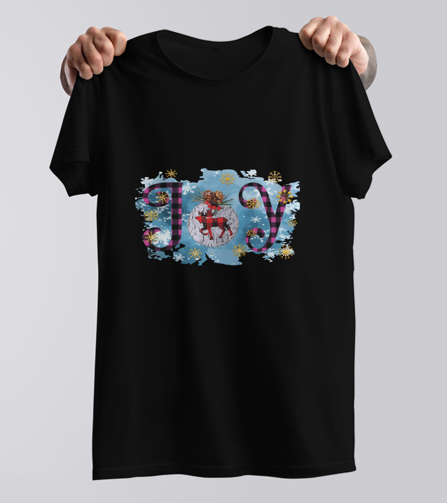 Joy Plaid Christmas Reindeer Snowflakes Pinecones T-Shirt