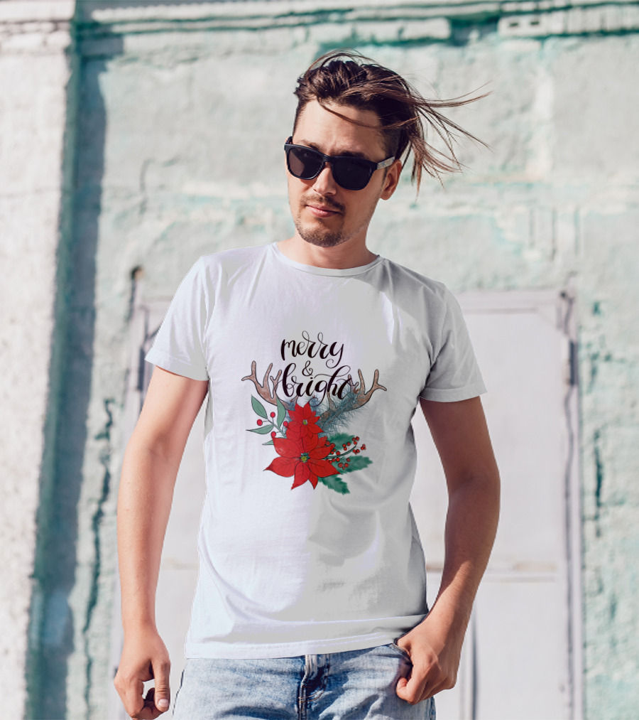 Merry And Bright Antler Poinsettia Christmas Florals T-Shirt