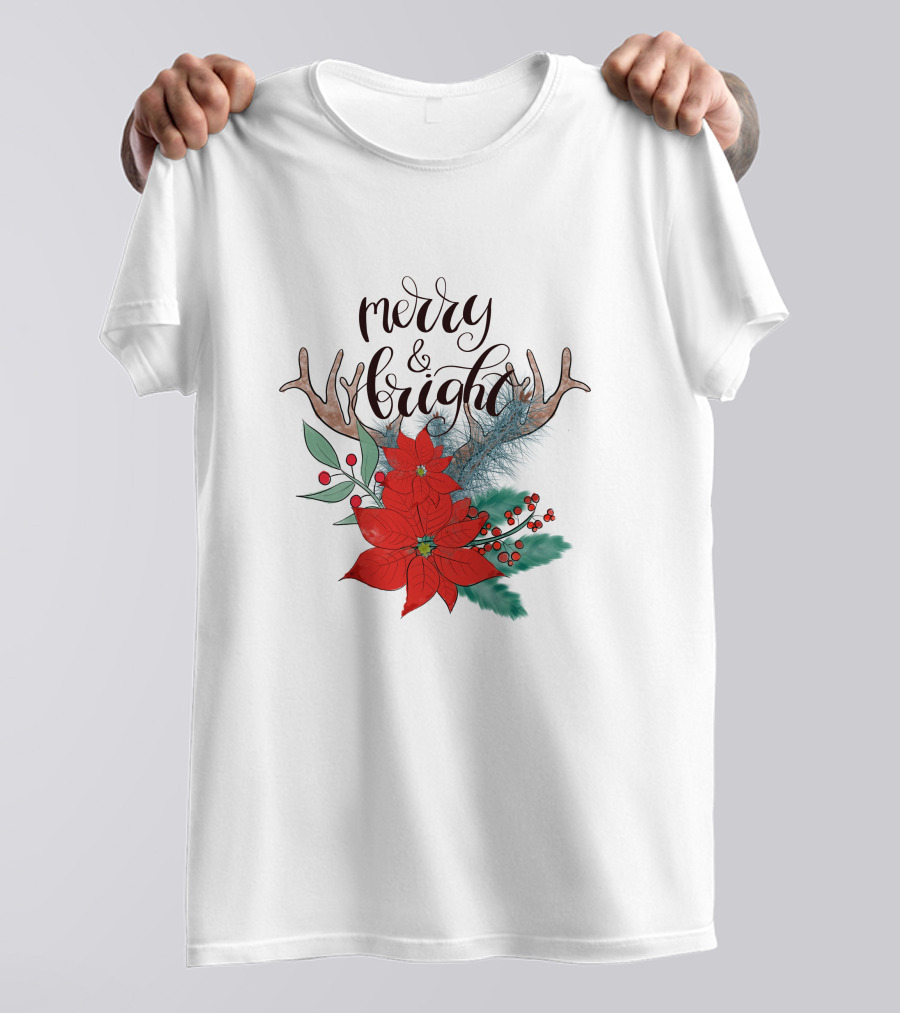 Merry And Bright Antler Poinsettia Christmas Florals T-Shirt