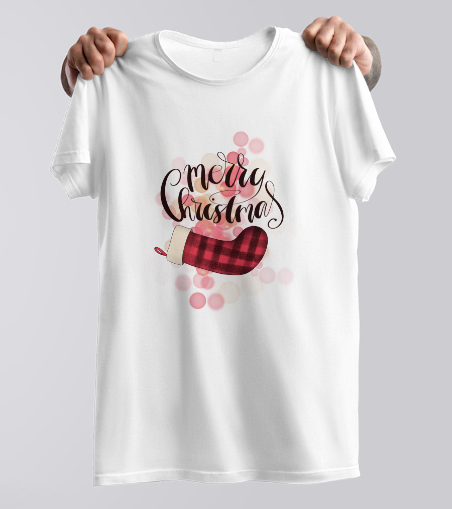 Merry Christmas Plaid Sock Pink Bubbles T-Shirt