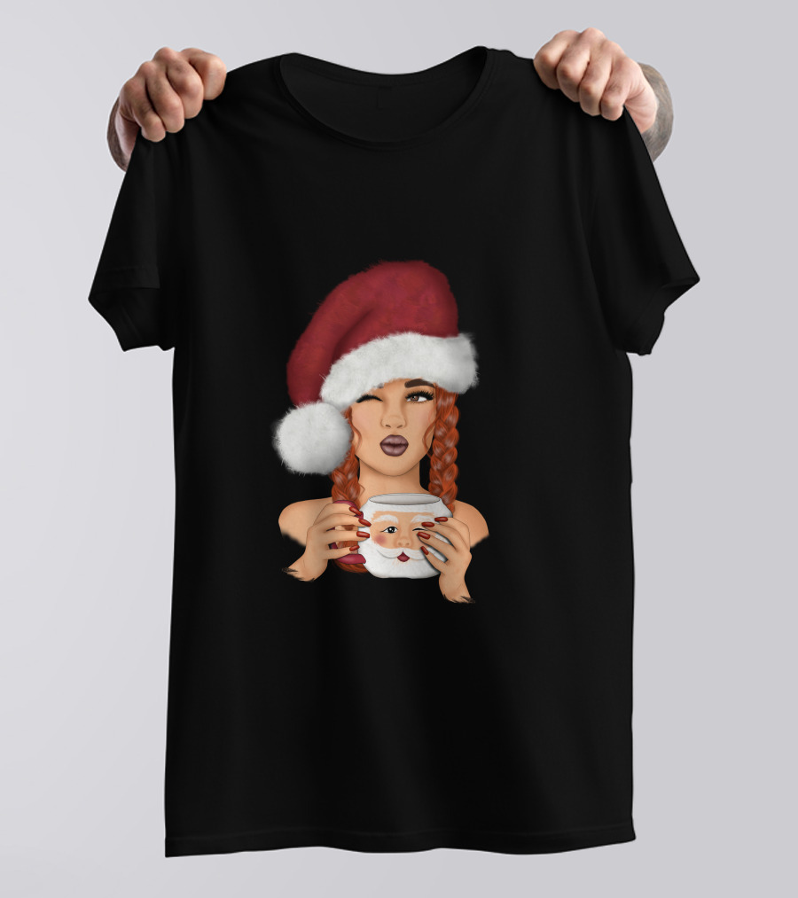 Christmas Red Hair Girl With Santa Hat And Santa Mug T-Shirt