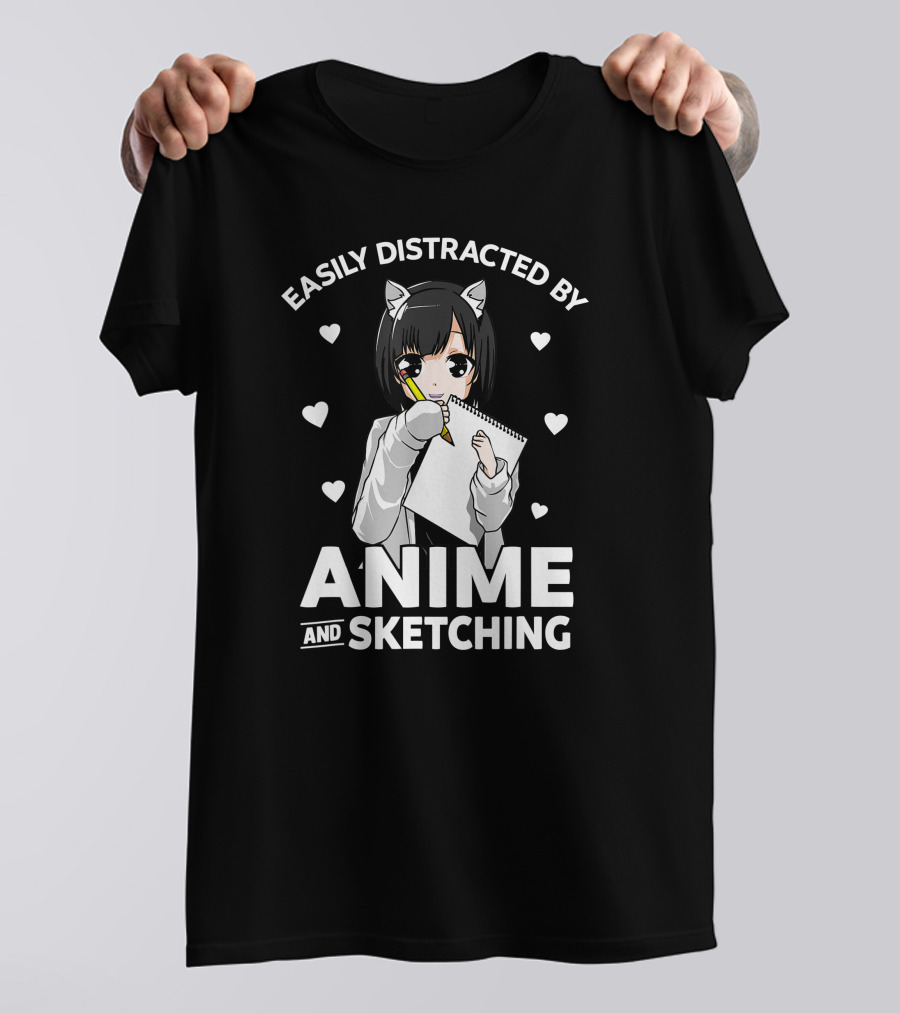 Easily Distracted By Anime And Sketching Cute Anime Girl With Sketchbook And Hearts T-Shirt
