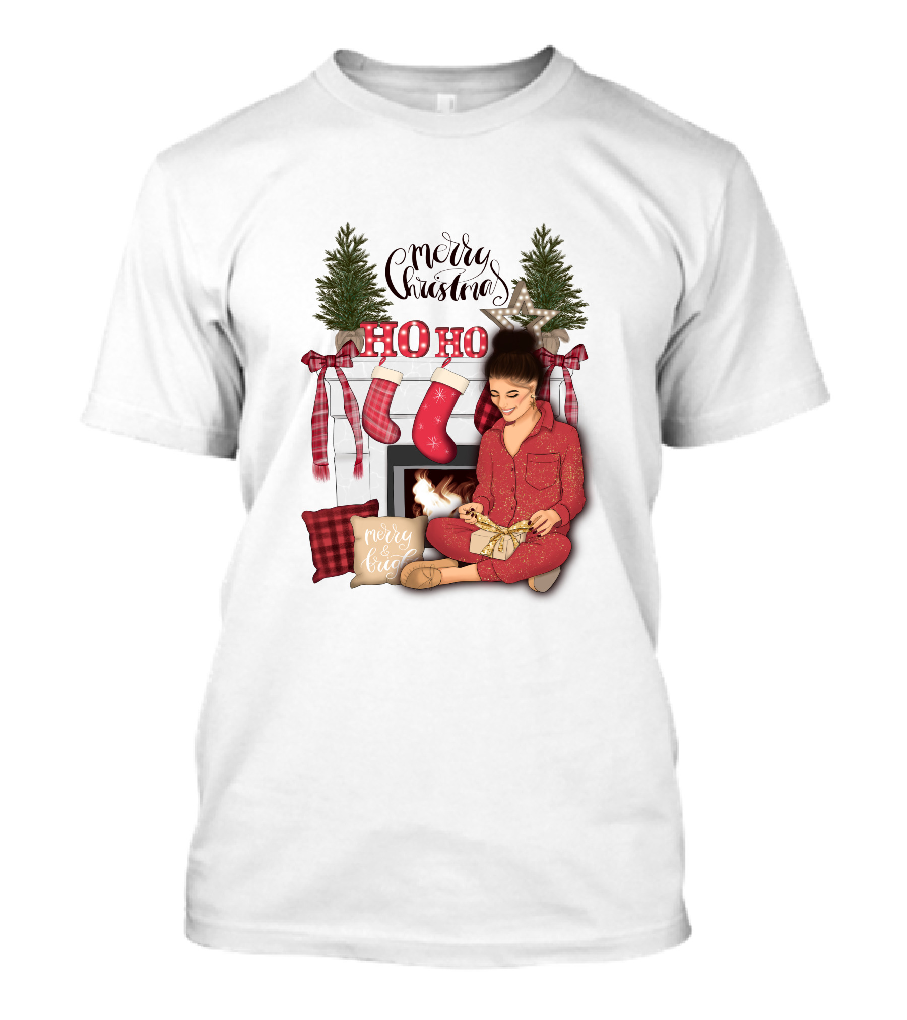 Merry Christmas Ho Ho Ho Girl By Fireplace With Stockings And Christmas Tree Decor T-Shirt