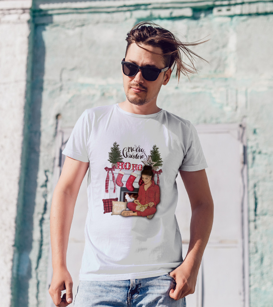 Merry Christmas Ho Ho Ho Girl By Fireplace With Stockings And Christmas Tree Decor T-Shirt