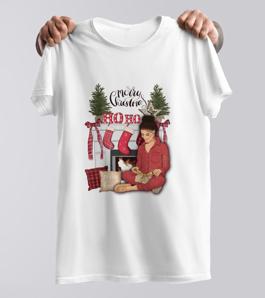 Merry Christmas Ho Ho Ho Girl By Fireplace With Stockings And Christmas Tree Decor T-Shirt