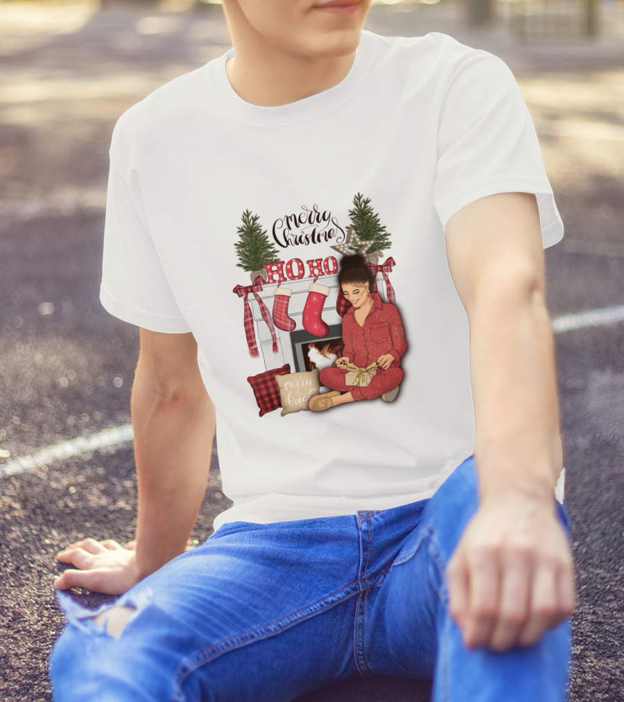 Merry Christmas Ho Ho Ho Girl By Fireplace With Stockings And Christmas Tree Decor T-Shirt