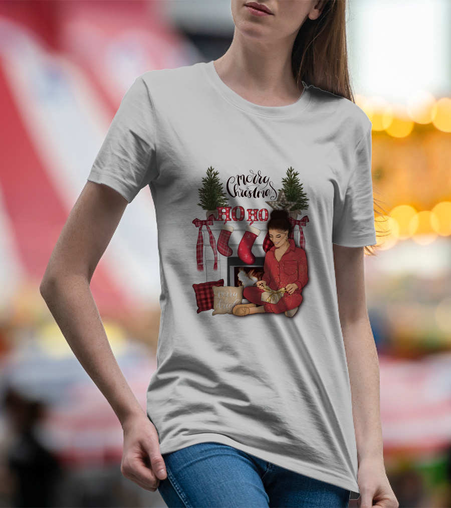 Merry Christmas Ho Ho Ho Girl By Fireplace With Stockings And Christmas Tree Decor T-Shirt