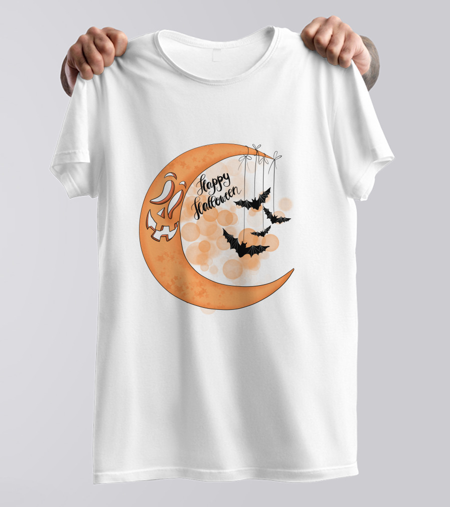 Happy Halloween Moon With Bats And Jack-O'-Lantern Face T-Shirt