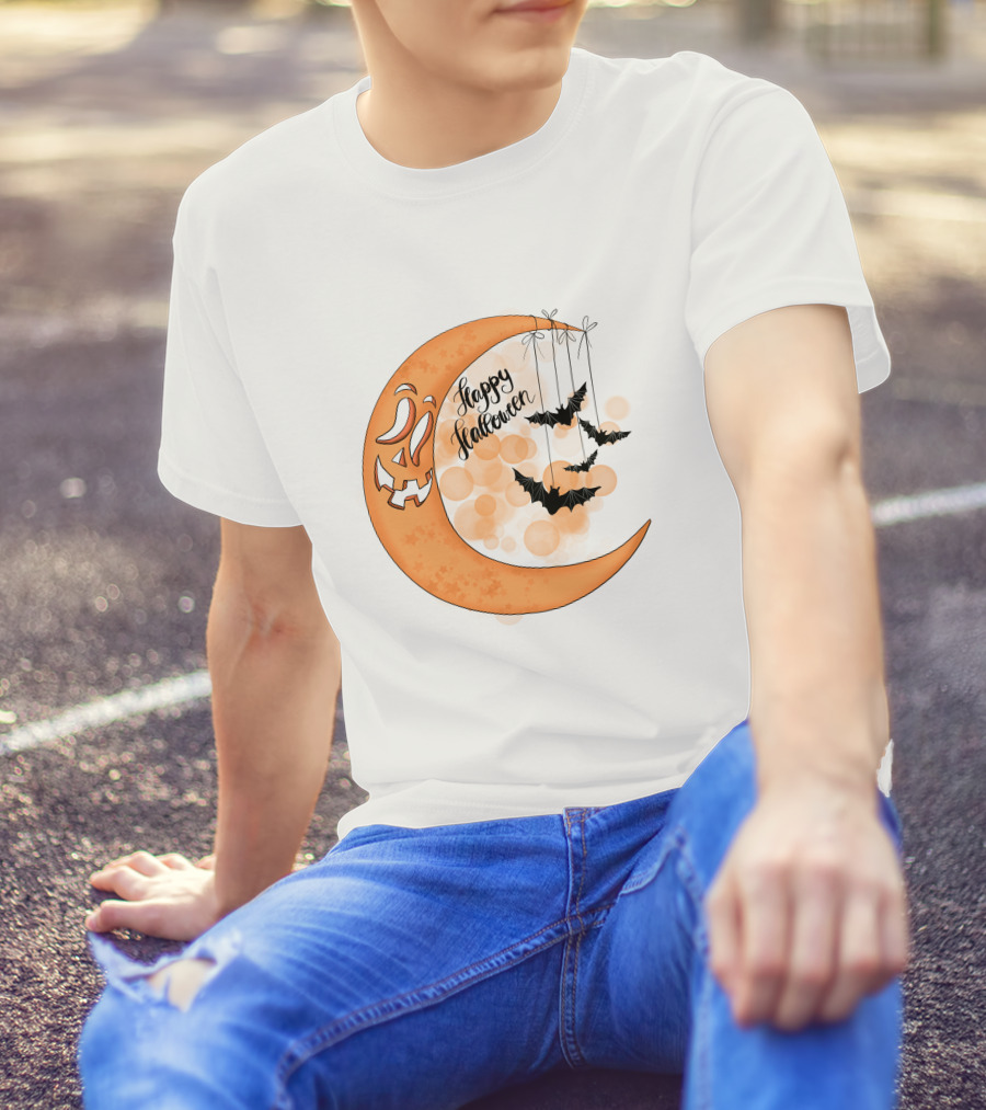 Happy Halloween Moon With Bats And Jack-O'-Lantern Face T-Shirt