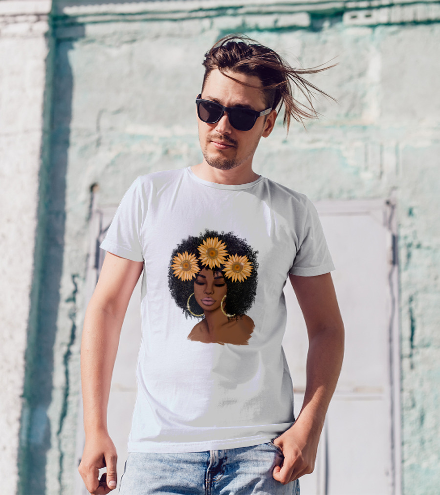 Afro Woman With Sunflowers And Hoop Earrings T-Shirt
