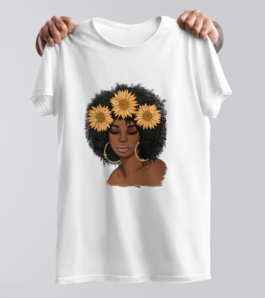 Afro Woman With Sunflowers And Hoop Earrings T-Shirt