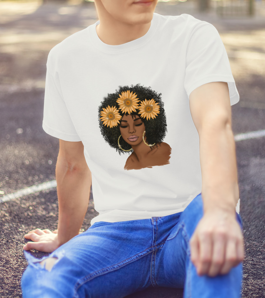 Afro Woman With Sunflowers And Hoop Earrings T-Shirt