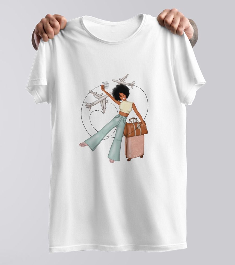 Traveling African American Girl With Suitcase And Airplanes T-Shirt