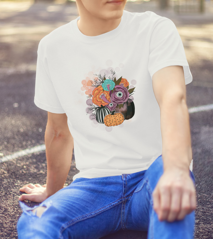 Whimsical Halloween Pumpkin Floral Arrangement With Eyeball Flowers T-Shirt