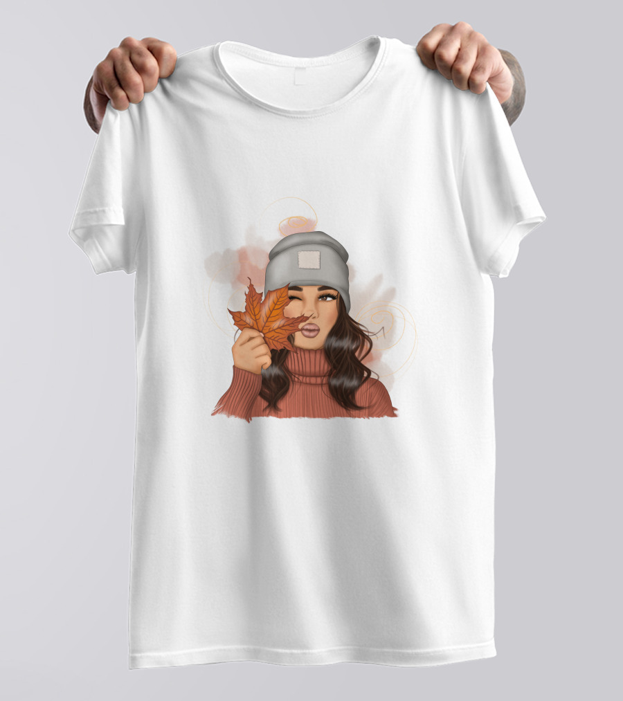 Autumn Girl Cozy Sweater And Beanie With Leaves T-Shirt