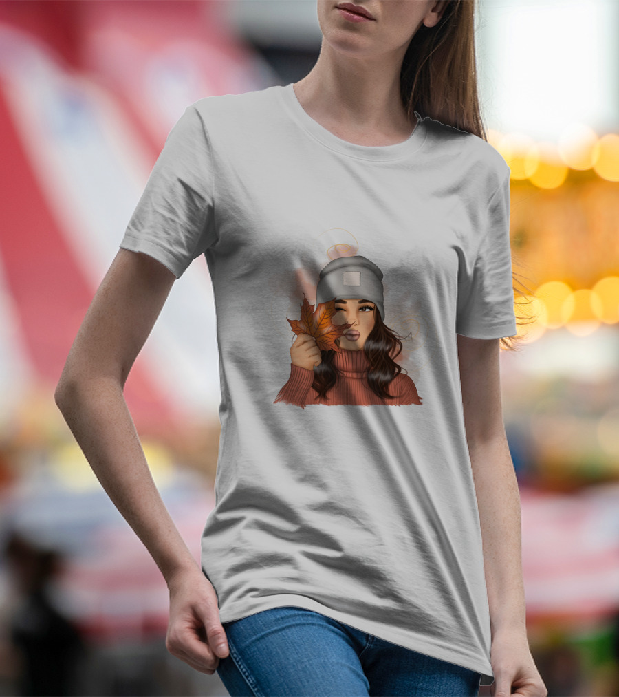 Autumn Girl Cozy Sweater And Beanie With Leaves T-Shirt