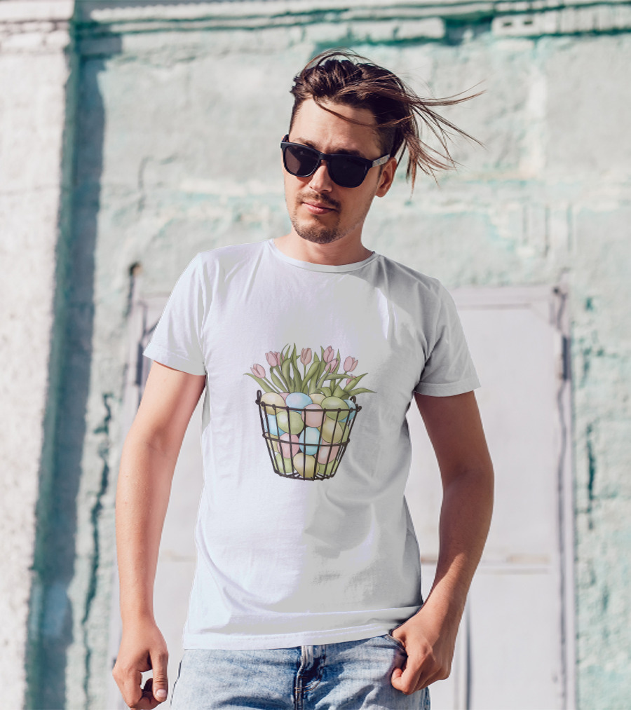 Easter Eggs And Tulips In Basket T-Shirt