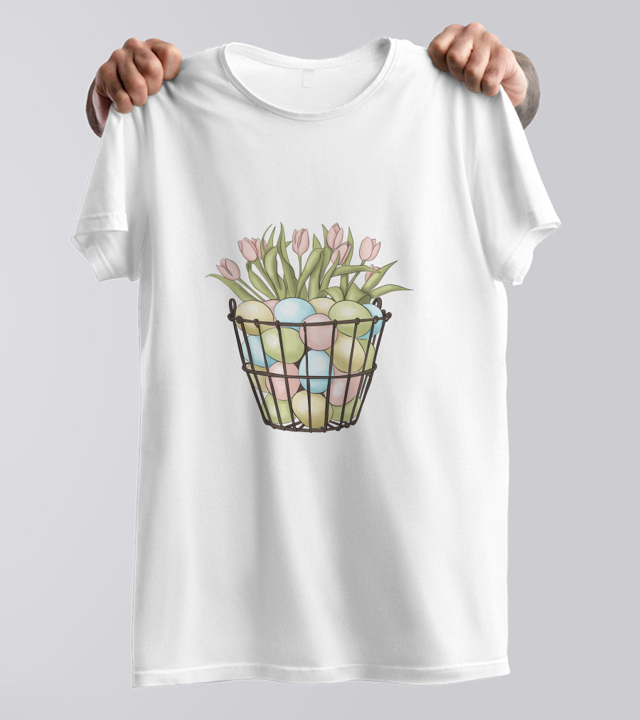 Easter Eggs And Tulips In Basket T-Shirt