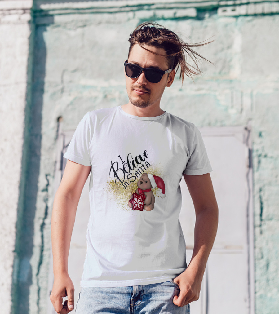 I Believe In Santa Bear With Red Hat And Star Cookie T-Shirt