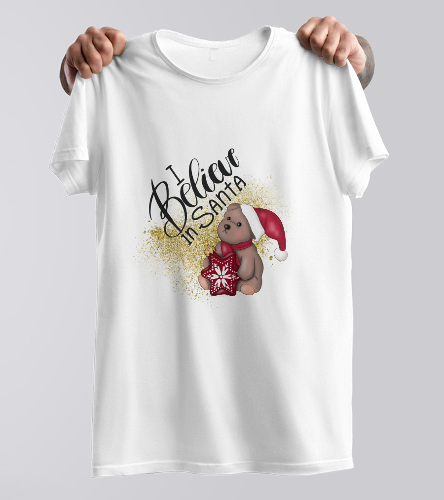 I Believe In Santa Bear With Red Hat And Star Cookie T-Shirt