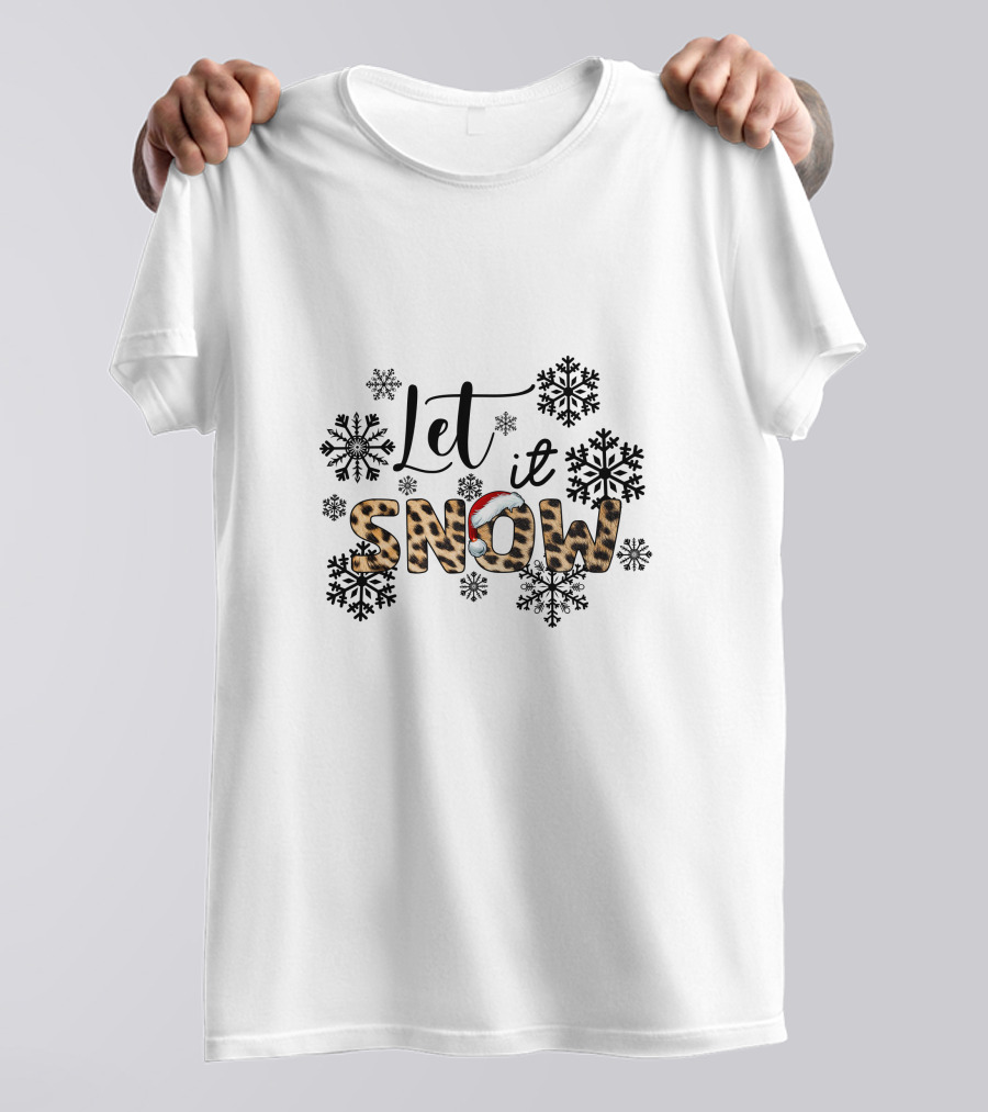 Let It Snow Leopard Santa Hat Snowflakes T-Shirt