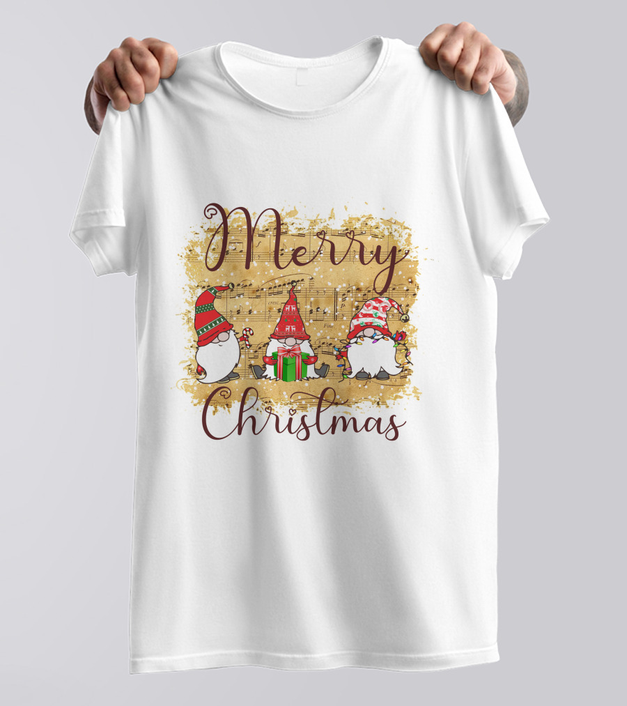 Merry Christmas Gnomies Holiday Music Sheet And Festive Gnomes T-Shirt