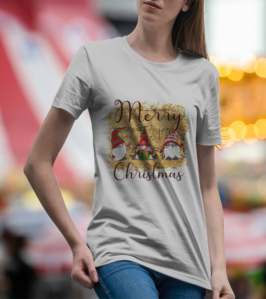 Merry Christmas Gnomies Holiday Music Sheet And Festive Gnomes T-Shirt