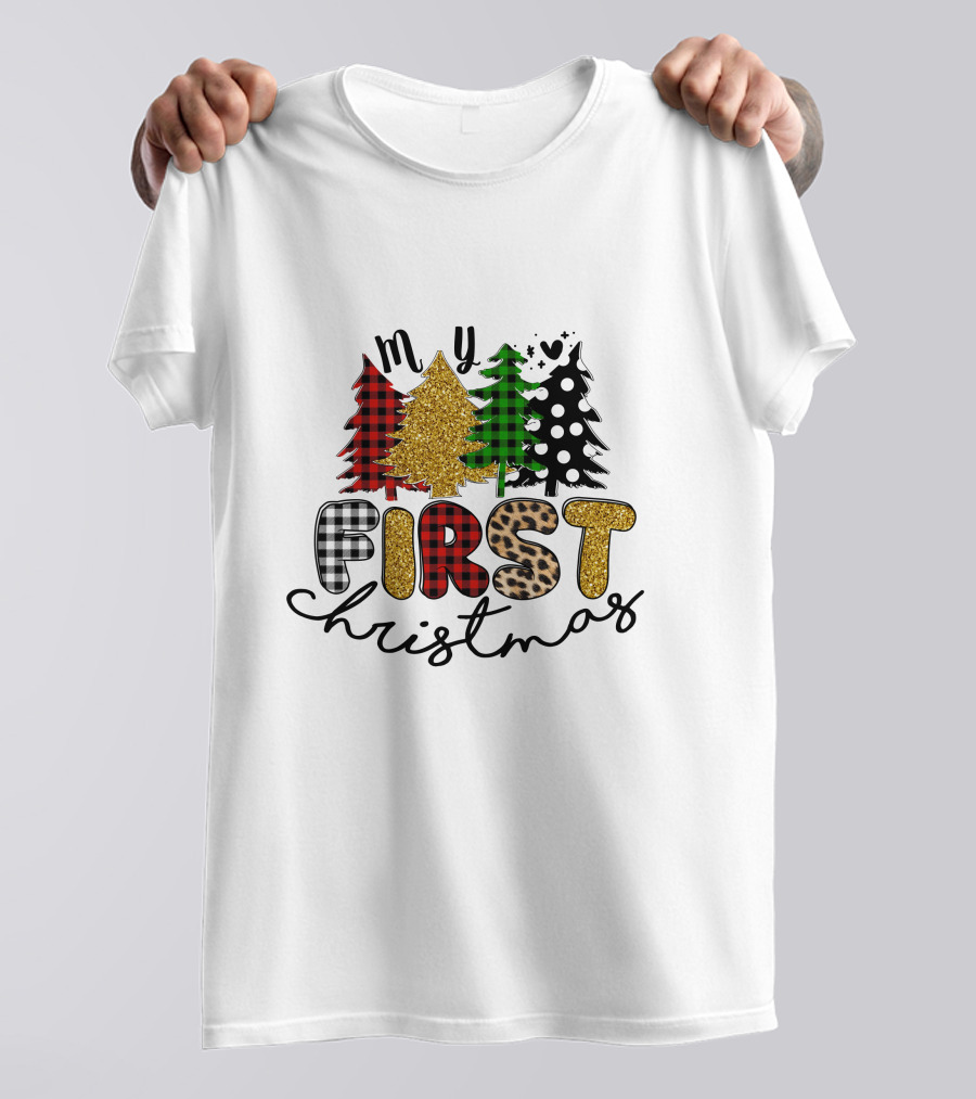 My First Christmas Plaid Glitter Trees Mixed T-Shirt