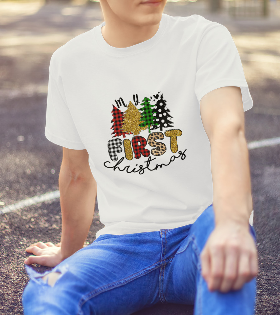 My First Christmas Plaid Glitter Trees Mixed T-Shirt