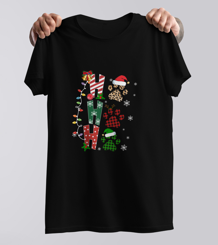 Paws Ho Ho Ho Christmas Lights Santa Hat Leopard Red Green Buffalo Plaid Snowflakes T-Shirt