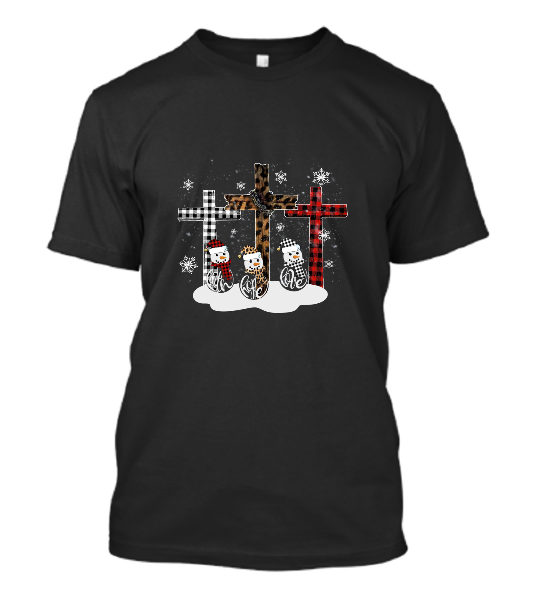Leopard Plaid Snowman Faith Love Winter Crosses T-Shirt