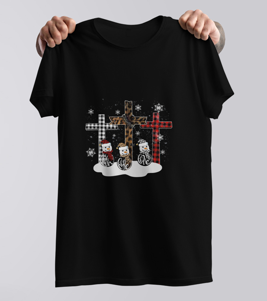 Leopard Plaid Snowman Faith Love Winter Crosses T-Shirt
