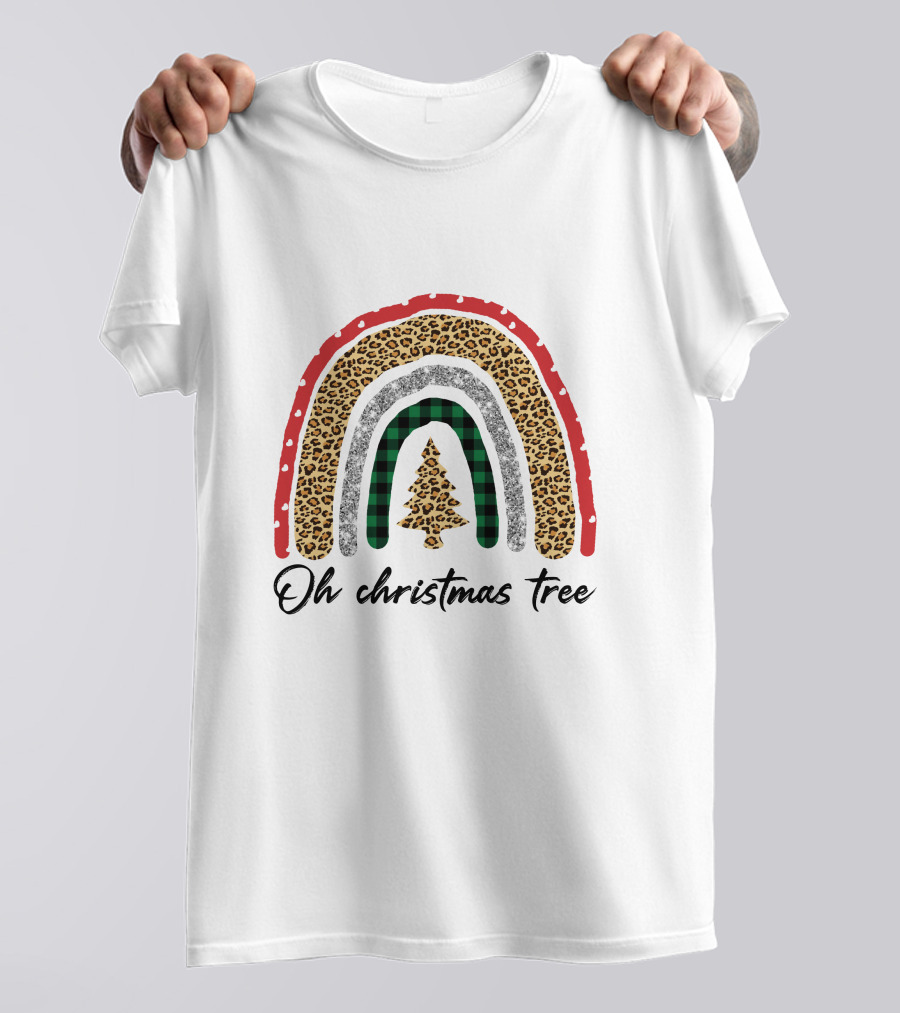 Oh Christmas Tree Leopard Plaid Rainbow T-Shirt