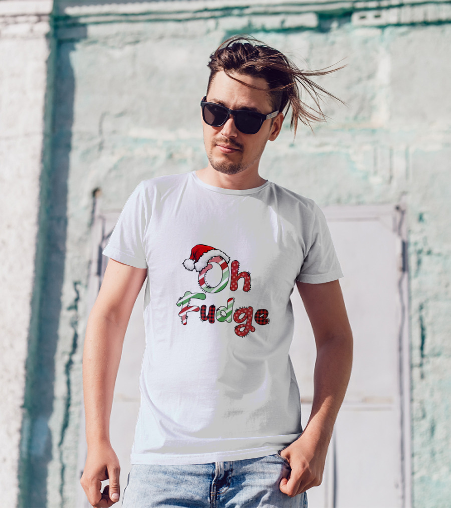 Oh Fudge Christmas Santa Hat Candy Cane Festive Lettering T-Shirt