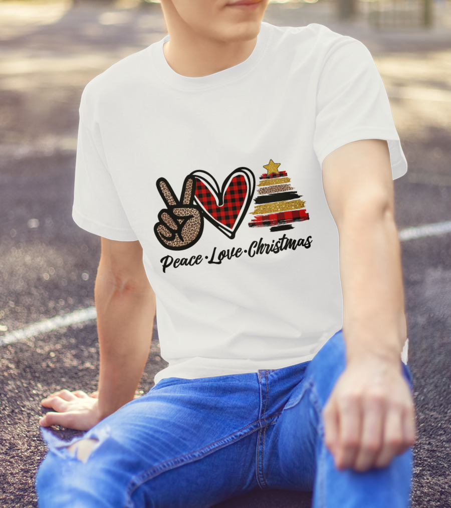 Peace Love Christmas Leopard Plaid Tree Star T-Shirt