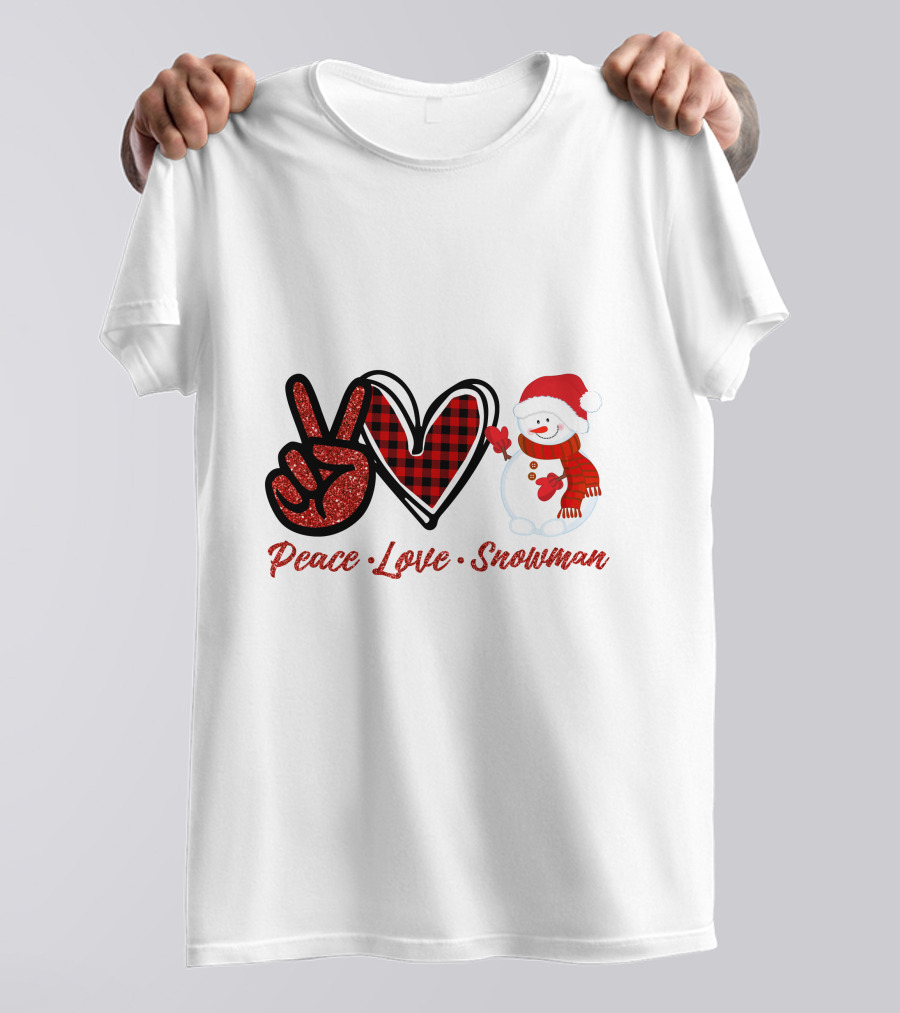 Peace Love Snowman Plaid Heart Glitter Peace Sign T-Shirt