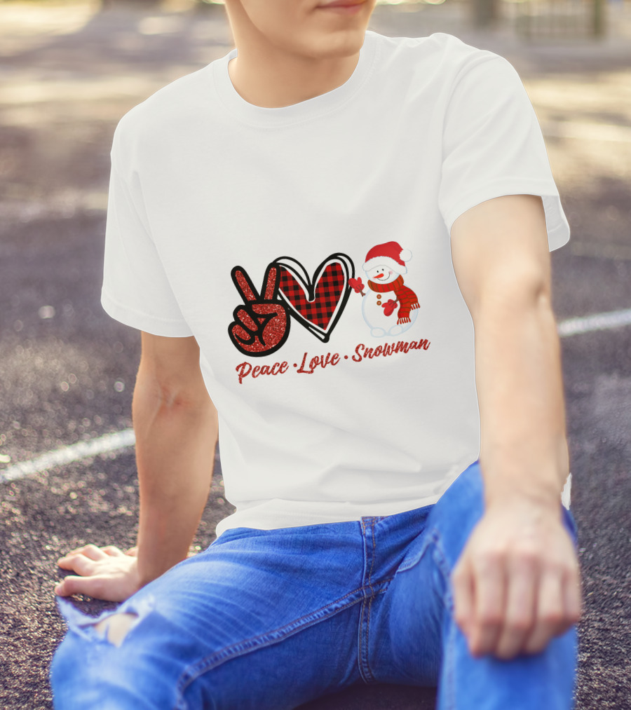 Peace Love Snowman Plaid Heart Glitter Peace Sign T-Shirt