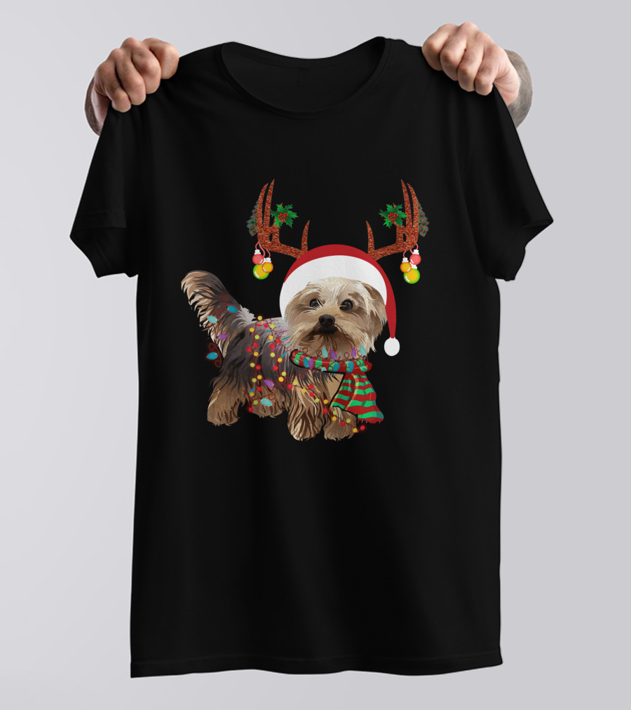 Christmas Cute Dog With Santa Hat And Reindeer Antlers T-Shirt