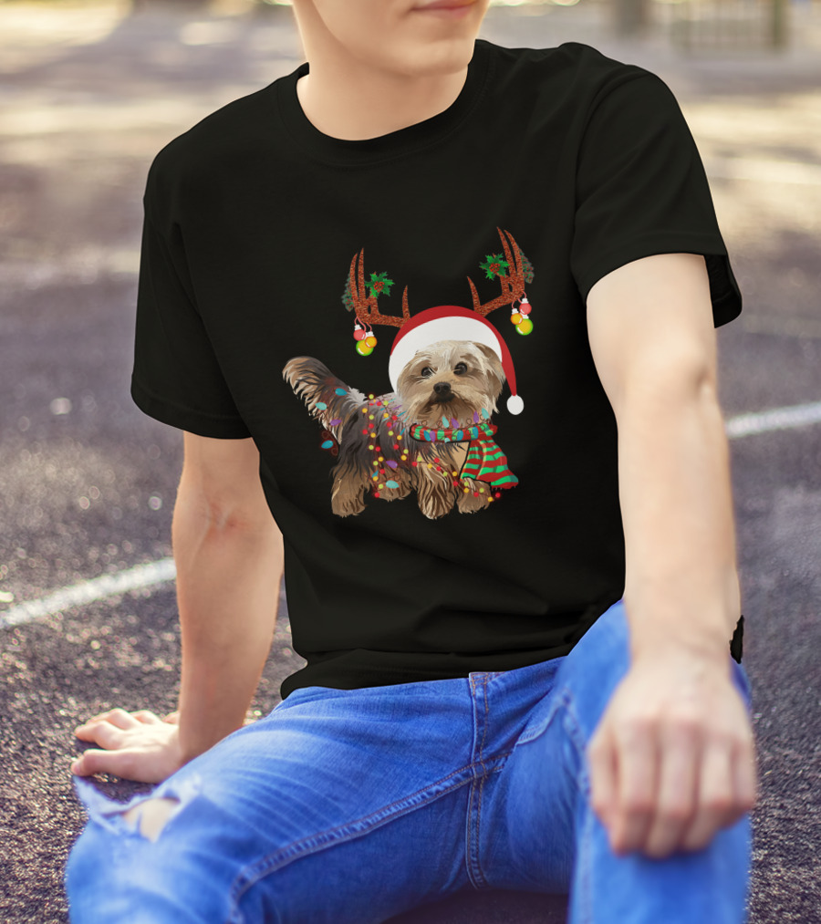 Christmas Cute Dog With Santa Hat And Reindeer Antlers T-Shirt