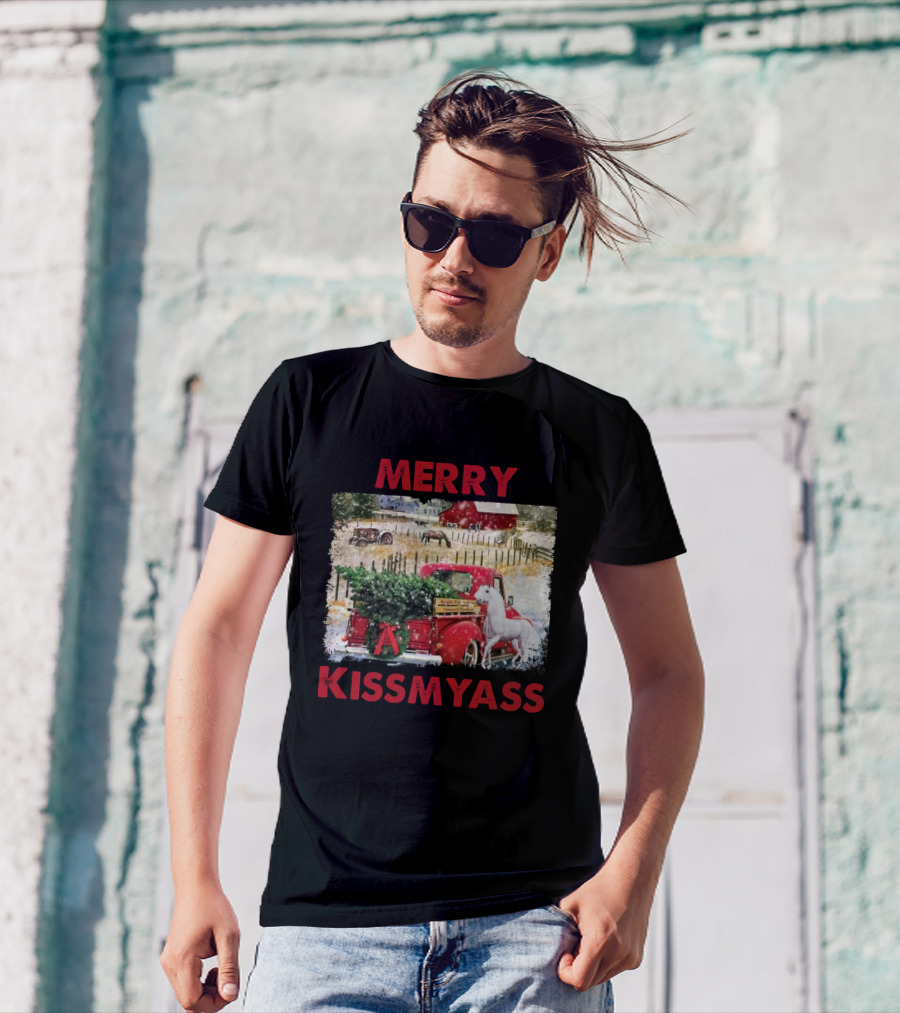 Merry Kissmyass Vintage Truck Christmas Scene With Horse In Snowy Farm Landscape T-Shirt