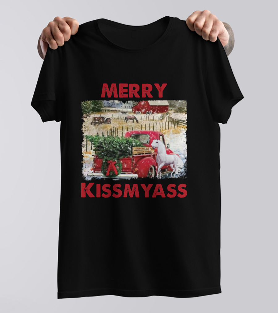 Merry Kissmyass Vintage Truck Christmas Scene With Horse In Snowy Farm Landscape T-Shirt