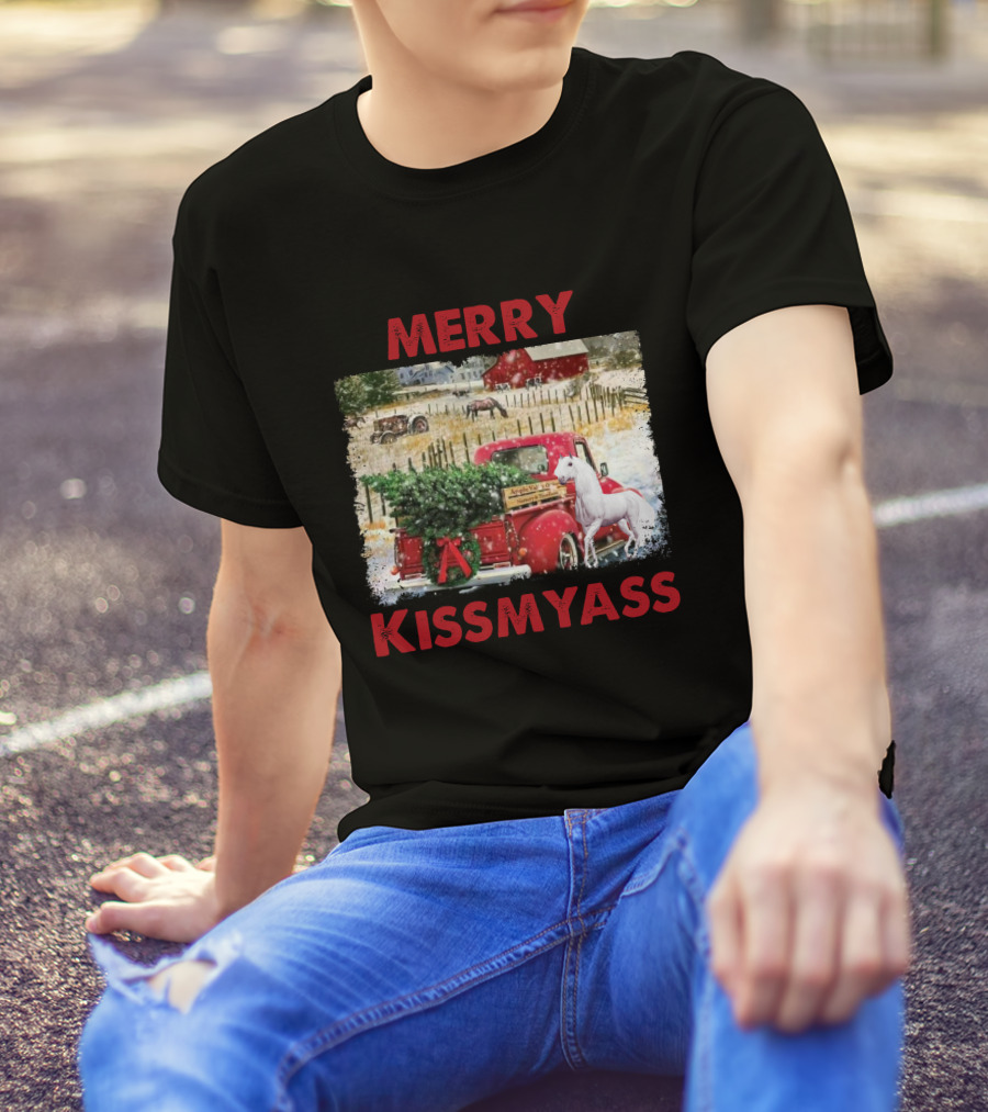 Merry Kissmyass Vintage Truck Christmas Scene With Horse In Snowy Farm Landscape T-Shirt