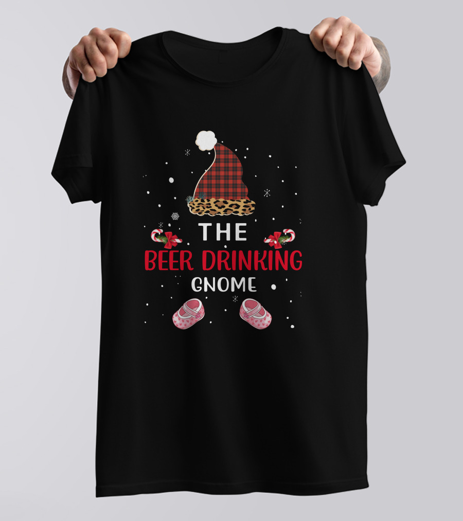 The Beer Drinking Gnome Christmas Hat Snow Candy Cane Shoes T-Shirt