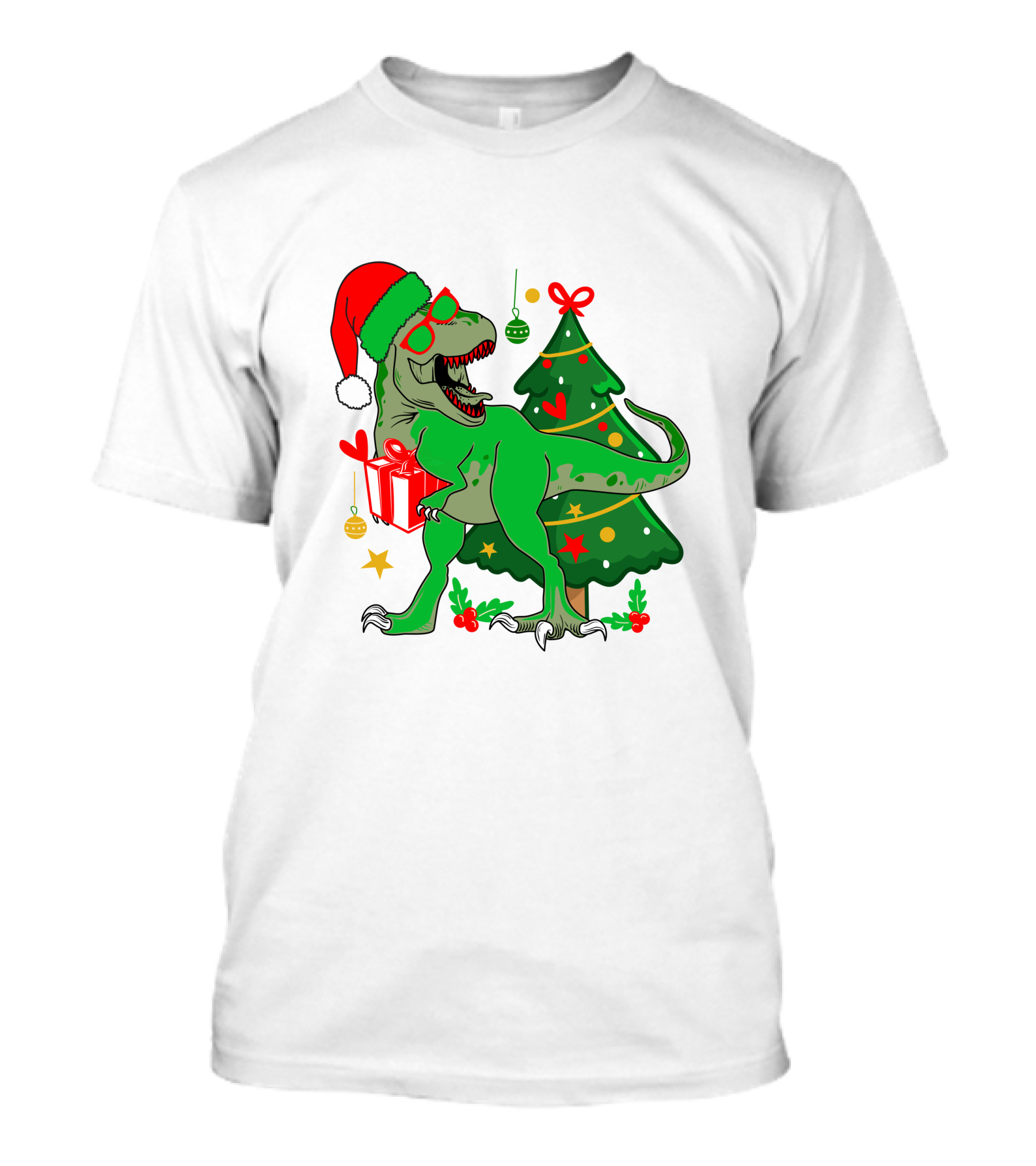 Christmas Dinosaur Santa With Tree And Gift T-Shirt