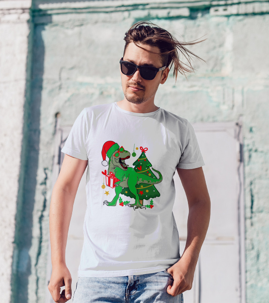 Christmas Dinosaur Santa With Tree And Gift T-Shirt