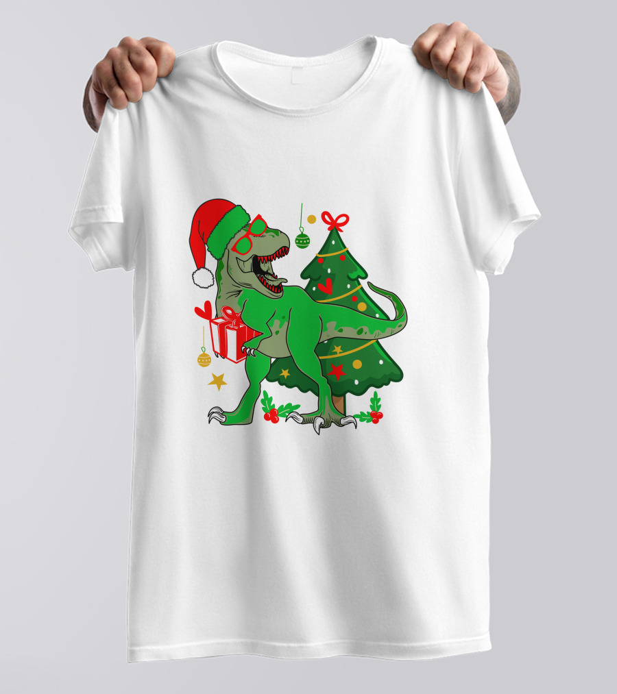 Christmas Dinosaur Santa With Tree And Gift T-Shirt
