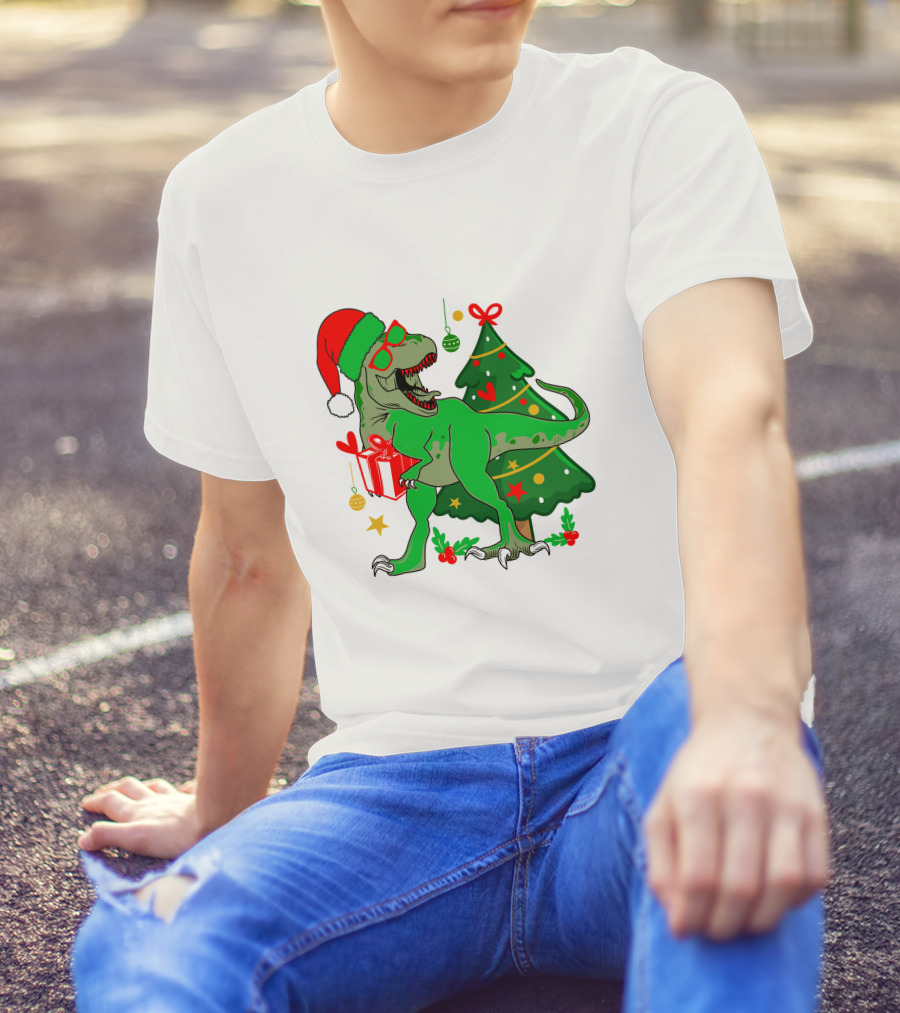 Christmas Dinosaur Santa With Tree And Gift T-Shirt