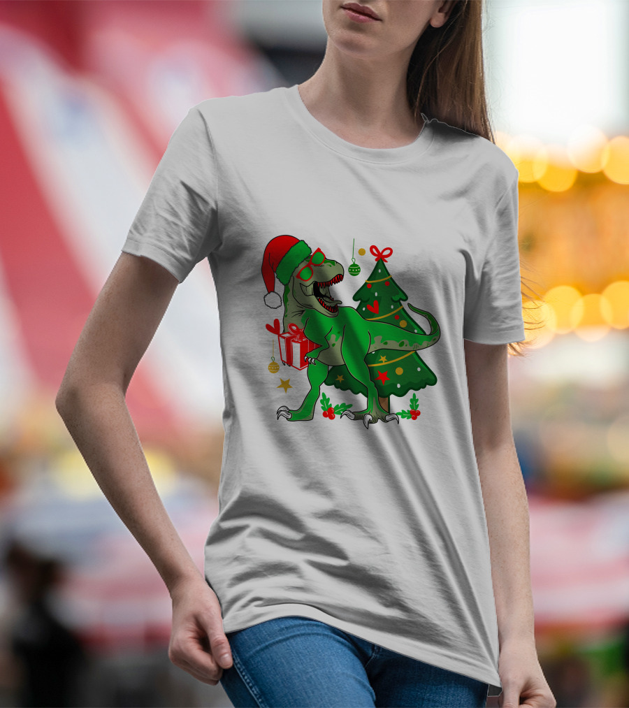 Christmas Dinosaur Santa With Tree And Gift T-Shirt